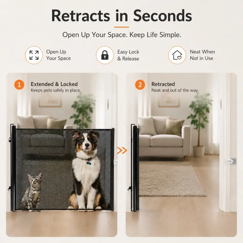 Heavy-Duty Retractable Pet Gate with Door - Drill-Free Installation, Foldable Design with Locking Mechanism, Suitable for Great Danes, Australian Shepherds and Kittens, Durable Fabric Construction, Ideal for Indoor/Outdoor(Model: DM415)