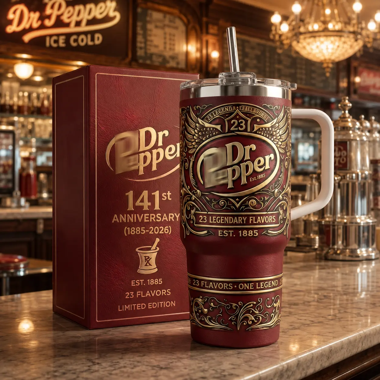 Dr Pepper 141st Anniversary 1885–2026 Vintage 23 Flavors 40oz Stainless Steel Tumbler with Handle & Straw – Retro Soda Insulated Travel Mug, Legendary Flavor Collector Cup, Limited Edition Fan Gift