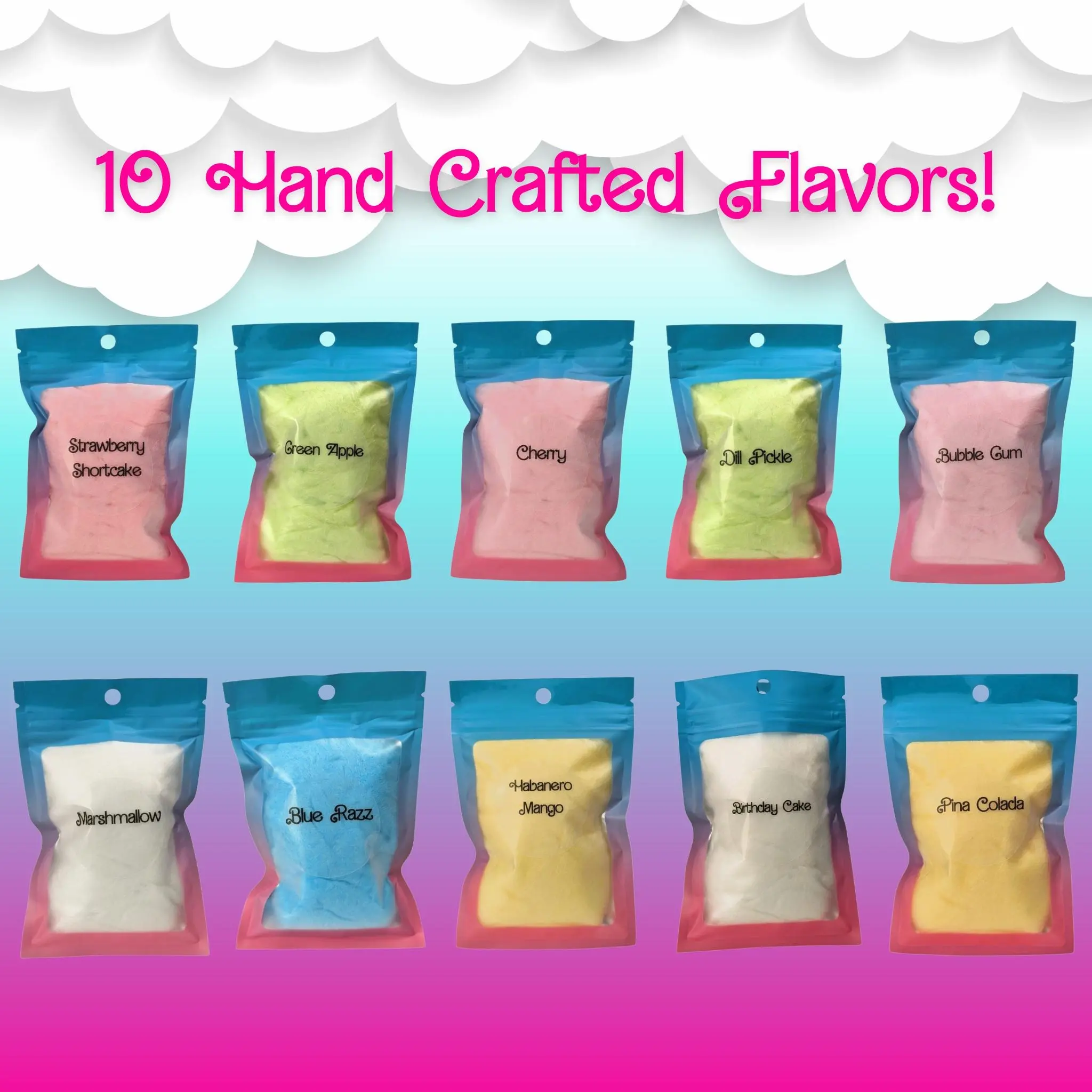 Cloud Candy Co - 10 Cotton Candy Flavor Sample Pack - Delicious Snack for Sweet Tooth - Sweets, Snack, Spicy, Cherry, Srawberry, Bonbon, Candies