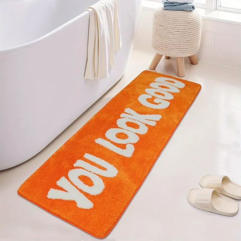 "YOU LOOK GOOD" English slogan bathroom bathtub area non-slip floor mat, vitality orange floor mat, living room sofa area carpet, cloakroom soft fluffy carpet, home decoration, Machine Washable Rug, Polyester Rug