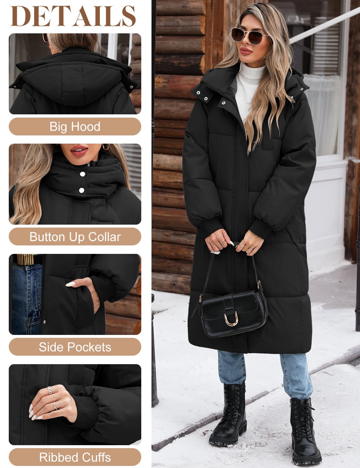 FASHORA Women's Long Quilted Winter Outerwear Parka - Water-Oil-Stain Resistant, Thick Warm Hooded Zip-Up Front Puffer with Quilted Panels & Pockets for Outdoor Activities