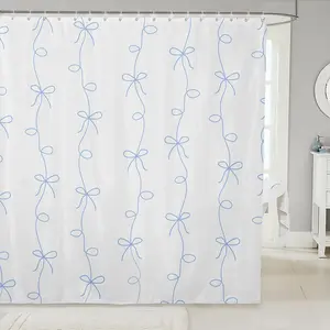Blue Ribbon Bow Shower Curtain,Blue Coquette Bowknot Bathroom Decor for Girls Kids,Girly Princess Bowtie Bathroom Set,Cute Bows Kawaii Shower Curtain