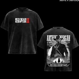 Red Dead Redemption II 'Arthur Morgan' T-Shirt - Rockstar Games Western Merch, Acid Wash Black Vintage Style Tee, Inspired by the Complex Cowboy Character, fall outfits, Streetwear Top For Men M