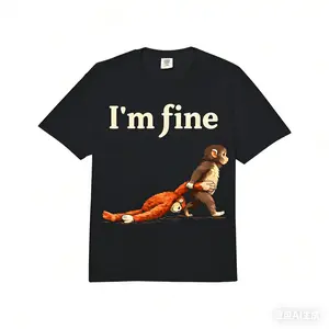 Sad Monkey Punch Meme T-Shirt – "I'm Fine" Orange Toy Graphic, Trendy Heavyweight Comfort Shirt for Casual Wear