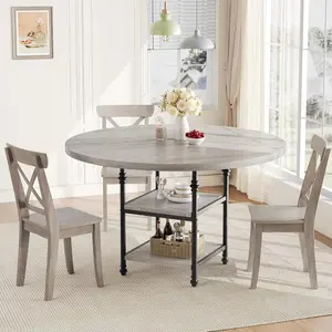 47-Inch Round Dining Table for 4,  Dinner Table with Storage Shelves & Roman Metal Legs for Dining Room, Kitchen, Room-Rustic Grey (Table Only)