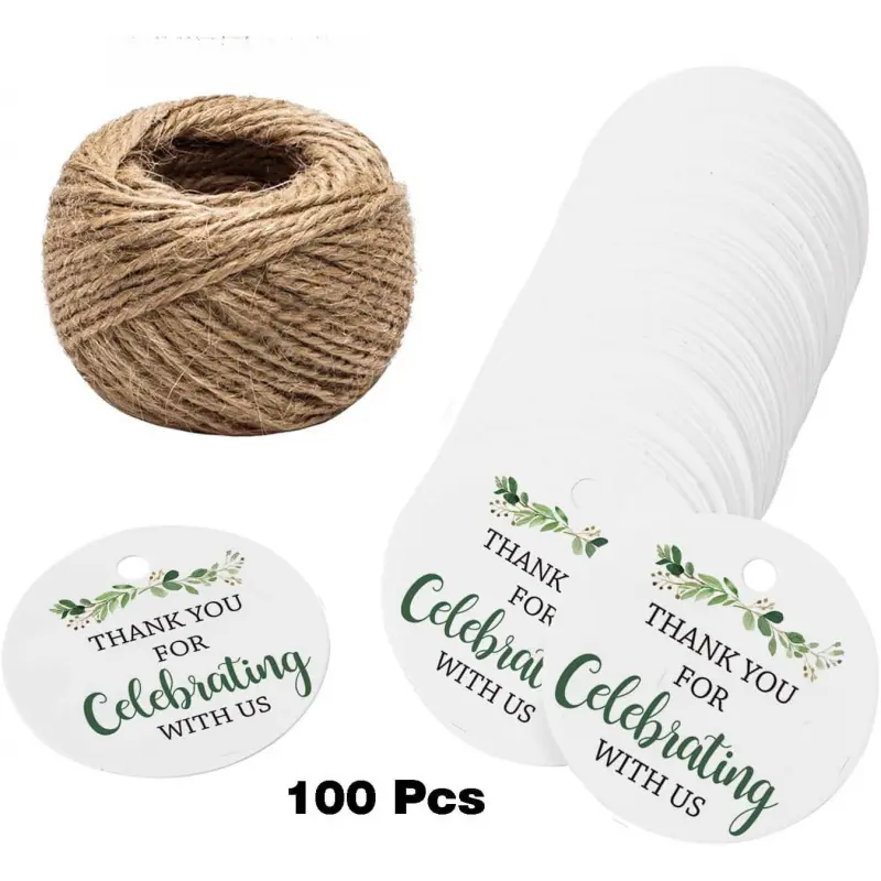Thank You for Celebrating with Us Tags, 100Pcs Greenery Thank You Tags for Wedding Birthday Baby Shower Party Favors, Paper Gift Tags with  Jute String