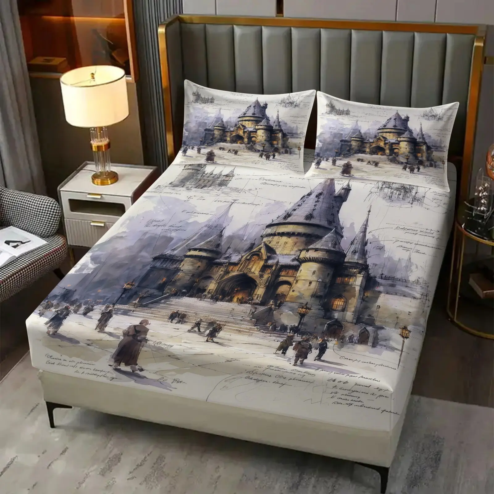 Magical Wizard Castle Fitted Sheet Set, Decorative Bedsheet Sets, 1 Fitted Sheet with 2 Pillowcases, Fantasy Wizarding School Bedding for Bedroom, Dorm & Guest Room, Theme Bedding Set, Decor for Fantasy Fans