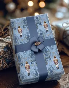 Nutcracker Wrapping Paper Watercolor Vintage Rococo Regal Nutcracker Damask Pattern Wrapping Paper Holiday Gift Christmas Gift Wrap Blue
