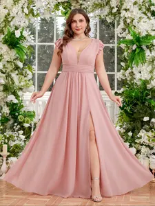 Plus Size Women's Elegant Deep V Neck Pleated Sleeve Backless High Slit Bridesmaid Dress, Maxi Fitted Party Gown for All Seasons