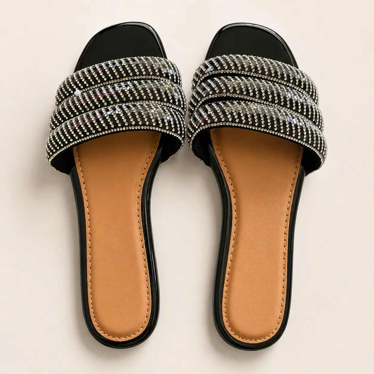 Elegant Black Slide Sandals with Rhinestone Embellishments for Women's Footwear