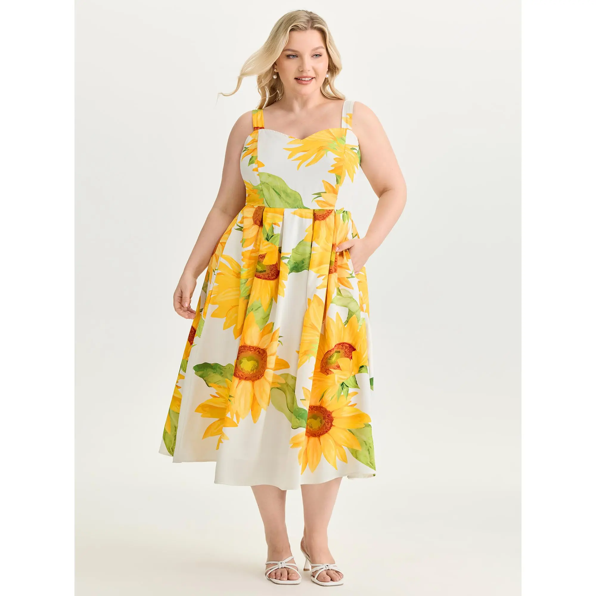 BloomChic Women's Plus Size Bohemian Sunflower Print Shirred Maxi Dress with Cold Shoulder and Side Pocket, Casual Wear, Sundresses For Women, Garment, Low Iron, Western Ootd, Pull-On, Sleeveless, Smooth, Polyester, Fabric, Floral, Wash With Like Colors,,