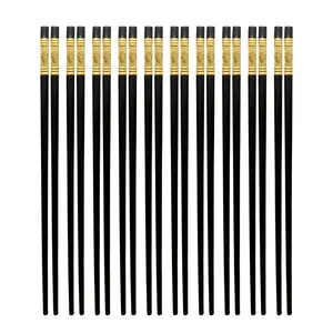 10 Pairs Fiberglass Non-Slip Reusable Chopsticks 9.5 inch Black & Gold Cutlery Set Dishwasher Safe Sturdy Tableware for Chinese Korean Japanese Meals Traditional