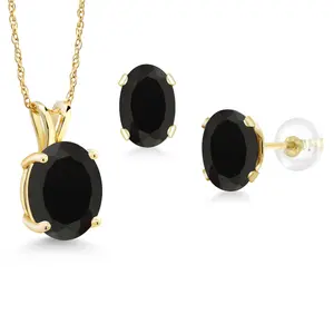 Gem Stone King 14K Yellow Gold Black Onyx Pendant and Earrings Jewelry Set For Women (5.70 Cttw, Gemstone Birthstone, Oval 10X8MM and 8X6MM, with 18 Inch Chain)
