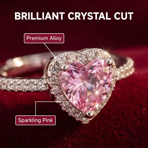 Women's Elegant Pink Cubic Zirconia Heart Promise Ring - Adjustable, Cubic Zirconia Designs, Christmas Gift for GF & Grandma, Rings for Women with Gift Box Set