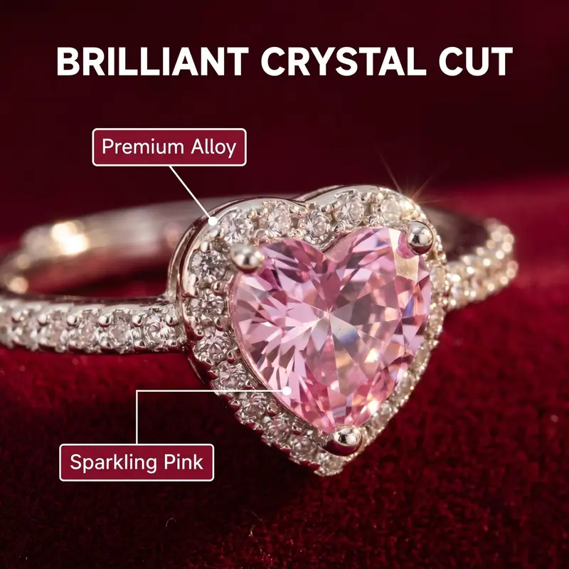 Women's Elegant Pink Cubic Zirconia Heart Promise Ring - Adjustable, Cubic Zirconia Designs, Christmas Gift for GF & Grandma, Rings for Women with Gift Box Set
