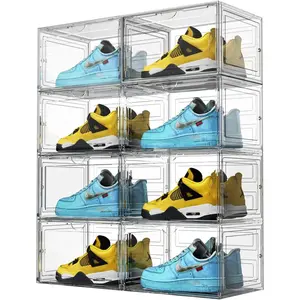 XL shoe storage box, 8 pack drop side shoe boxes clear plastic stackable, sneaker display case with magnetic door fit up to US 13(13.4 "X 10.6" x 8.3 "(8 pack clear)