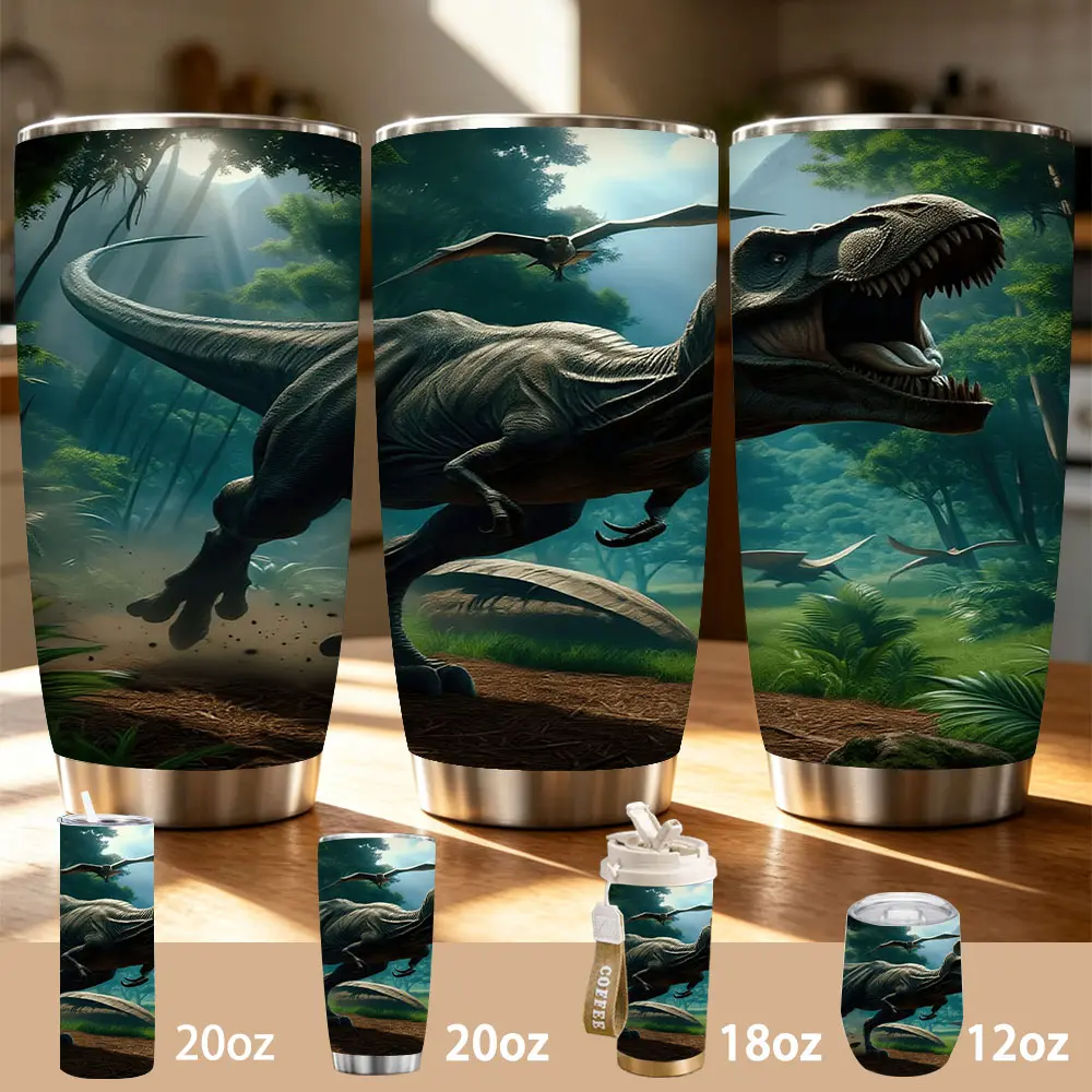 Dinosaur Adventure Tumbler, Prehistoric Jungle Scene Insulated Cup, Dynamic Dinosaur Artwork Travel Mug, 12oz/18oz/20oz Stainless Steel Thermal Tumbler for Kids/Adults, Jurassic Dinosaur Gift for Dinosaur Lovers