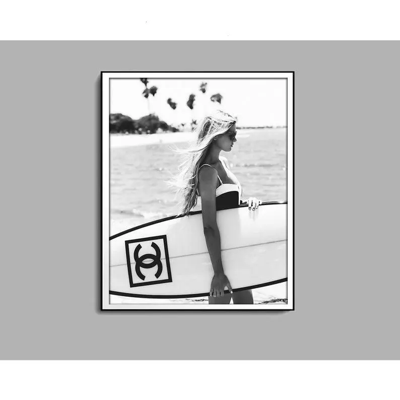 [Up to 65% Off][Free Shipping][No Frame] 20x30 Multi-Size Black and White Surfing Surfer Girl Paper Poster Print, Vintage Fashion Graphic Wall Art, Artistic Home Decor for Beach House, Bathroom, Wardrobe, Balcony