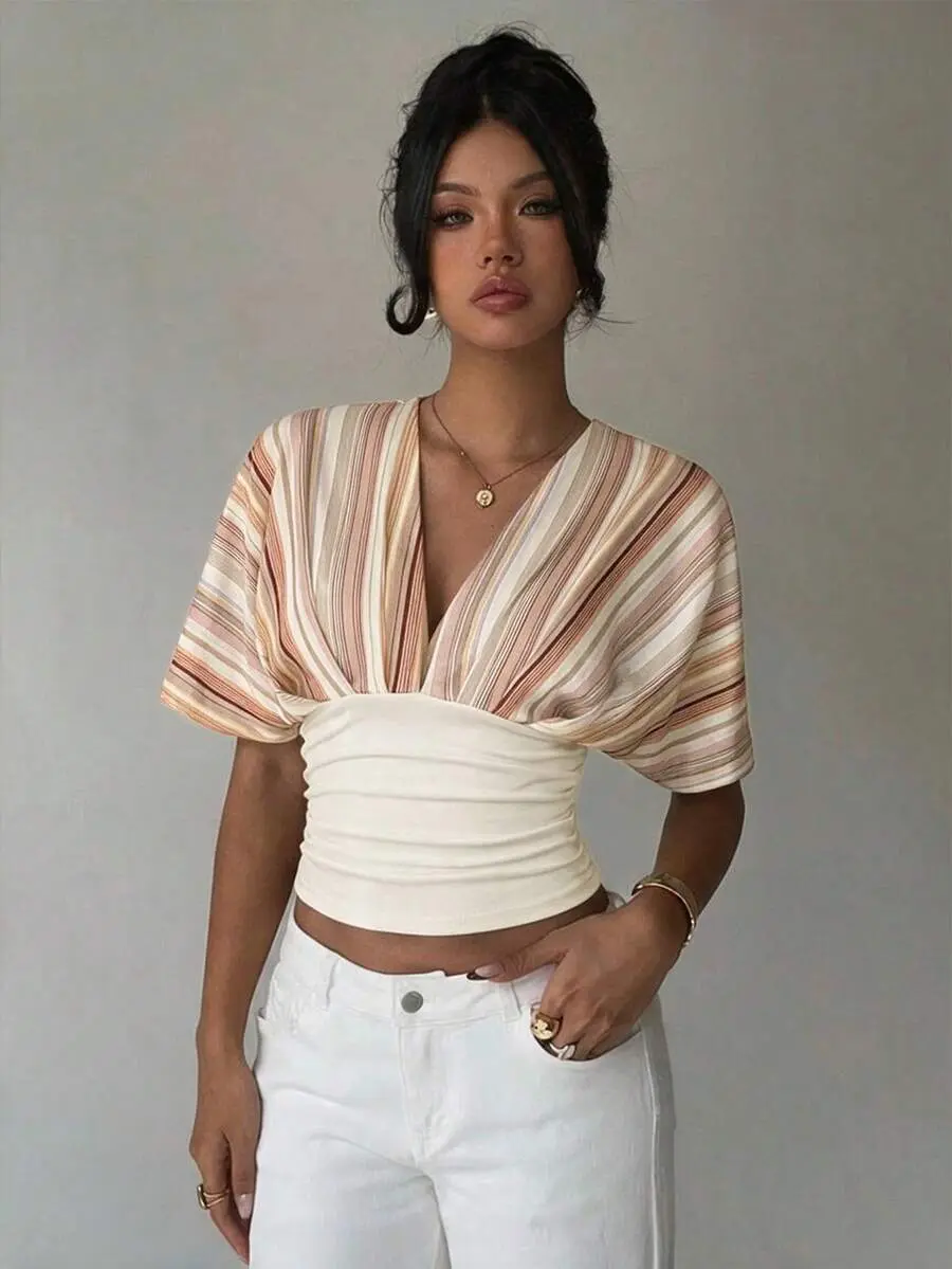 Women's Striped Multicolor Cinched Waist Pleated Batwing Sleeve T-Shirt