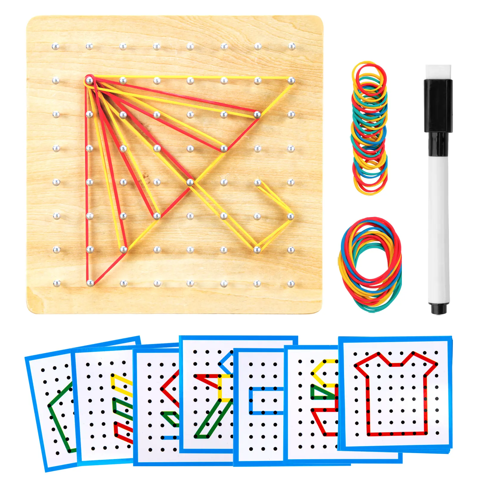 HEELWIRE Wooden Geoboard,Montessori Toy,Graphical Mathematical Education Toy for Kids with Pattern Cards and Rubber Bands to Figures and Shapes, Brain Teaser STEM Toy Geo Board (7 * 7 * 0.6 in)