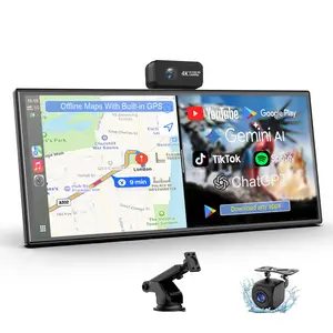 10.25"AI Car Sceeen,Gemini+Built-in offline GPS+Google Play Store for Apps,4K Front & 1080P Reverse Cameras, Not Just CarPlay - Open Android 15 4GB+64G  No More Phone Battery Drain While Driving