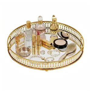 Round Gold Electroplated Iron & Glass Serving Tray, 12.6 Inch Mirrored Vanity Tray for Perfume, Cosmetics, Jewelry Storage, Bathroom Coffee Table Home Office Decorative Tray