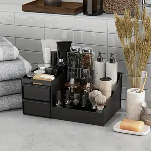 Men’s Black Plastic Countertop Organizer Boxes 🧴🖤 - Adjustable Shelves for Perfume/Skincare/Grooming Tools, Space-Saving Vanity Organizer for Bathroom/Bedroom, Black Friday Deal: Sturdy Easy-Assemble Gift