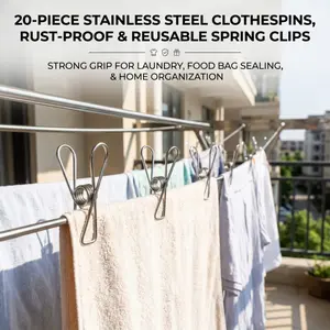 Heavy Duty Stainless Steel Clothes Pegs, 20 Pack, Rust-Resistant, Ultra Strong Grip, Weatherproof Reusable Clips for Outdoor Laundry, Kitchen Food Bags, and Multipurpose Household Use