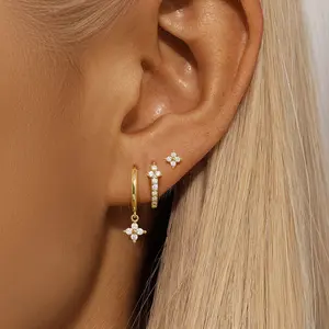 Trendy Golden Plated Zirconia Earrings Set for Women Four Leaf Clover Stud Hoop Dangle Earrings Stack Hypoallergenic Drop Cartilage Earring Fashion Womens Jewelry