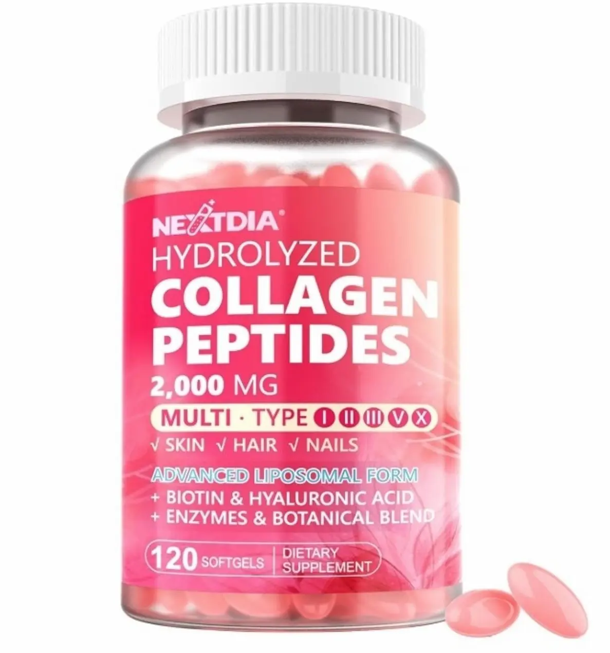 Hydrolyzed Collagen Peptides Pills for Women 2000mg Liposomal Form Type I, II, III, V, X for Optimal Absorption, Multi Collagen Softgels, Collagen Supplements with Hair, Skin & Nails Vitamins 120 Cts