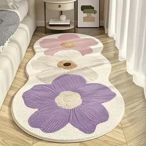 Modern Creamy Wave Edge Rug, Soft Washable Floral Carpet for Living Room Bedroom, Sweet French Style Home Decor