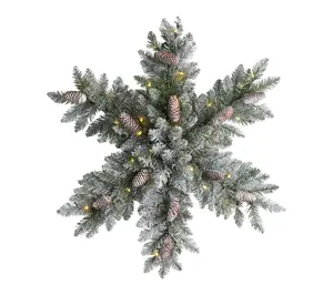 Nearly Natural 30" Flocked Lit Snowflake Dunhill Fir Wreath