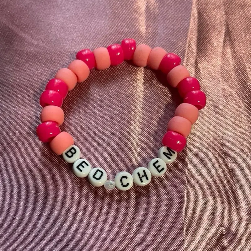 Bed Chem Bracelet SC Collection - Beaded Bracelet with "BED CHEM" Text, Pink Beads, and Orange Beads