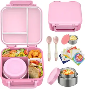 [Summervibes] Wiwens Kids Bento Lunch Box Set with 9oz Soup Thermo Leakproof Containers 4 Compartments Insulated Hot Food Jar for School Travel Silicone Seal Kids Friendly Design