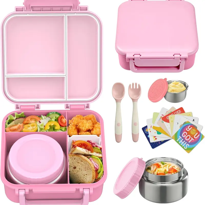 [Back To School] Wiwens Kids Bento Lunch Box Set with 9oz Soup Thermo Leakproof Containers 4 Compartments Insulated Hot Food Jar for School Travel Silicone Seal Kids Friendly Design