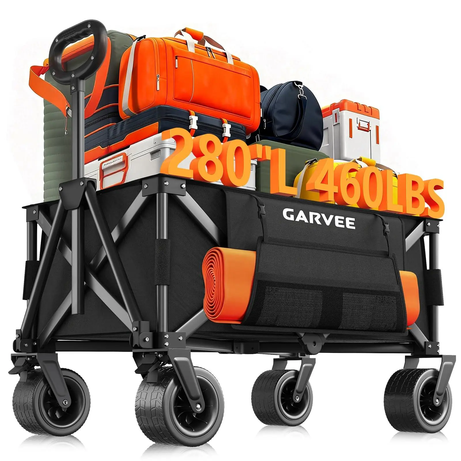 Collapsible Folding Heavy Duty Utility Wagon Cart - 460 lbs Capacity, 280L Storage, All-Terrain Abrasion-Resistant Wheels, 2 Cup Holders, Cover, Elastic Rope, for Groceries, Beach Trips, Black, Collapsible Folding Wagon, Heavy Duty Wagon