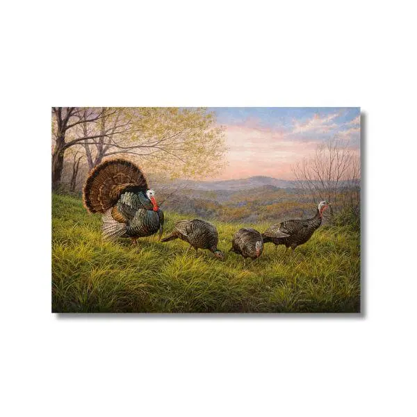 Wild Turkey Family Landscape Poster Wall Art, Wildlife Bird Painting Print for Cabin Lodge Decor, Nature Hunting Rustic Aesthetic Wall Art for Home Office Gift Decor