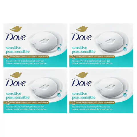 Dove Beauty Bar Soap, Sensitive, Fragrance Free, 4 Bars, 3.75 oz (106 g) Each
