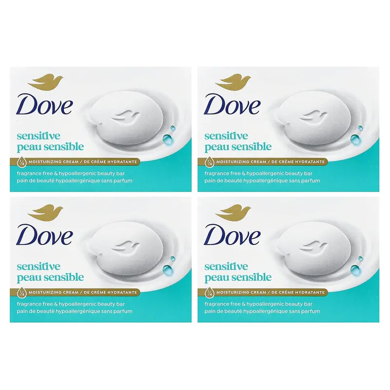 Dove Beauty Bar Soap, Sensitive, Fragrance Free, 4 Bars, 3.75 oz (106 g) Each