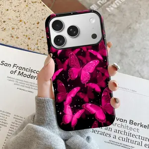 Neon Pink Butterfly Starry Night Phone Case for iPhone 17 Pro Max/16 Pro Max /15Pro Max 15/14/13/12 & Samsung S25 Ultra All Models, Double-Layer TPU Shockproof Protective Cover (Y2K Edgy Cute Print)