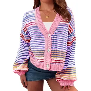Imily Bela Womens Striped Cardigan Sweaters Oversized Puff Sleeve Button Up V Neck Color Block Knit Sweater Coat