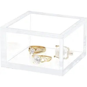 Small Acrylic Box with Lid, Clear Cube Display Case, Multi-Purpose Box Square Container for Holding Staples, Highlighters, Adhesive Tape, Paper Clips, Stamps, Display in Office or Home (Small)