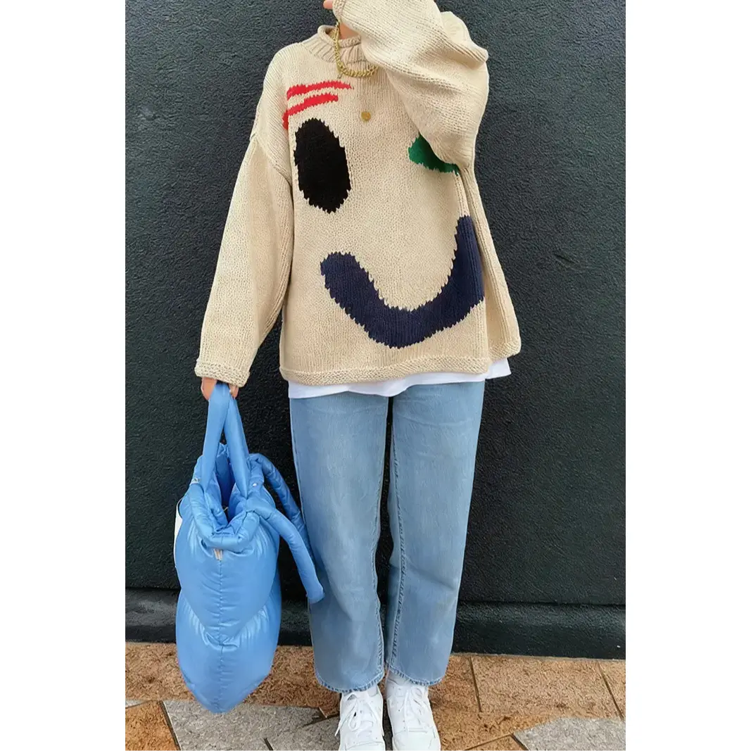 Beige Playful Face Knit Sweater