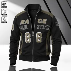 Men’s black-and-brown colorblock racing-style baseball jacket featuring “RACE CULTURE” and number 88 theme prints, a stand collar design, ribbed cuffs and hem, and a full zip front—suitable for streetwear, retro racing looks, and everyday wear all year ro