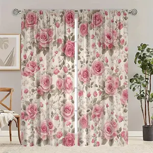 Valentine's Day Theme 2-Piece Polyester Curtains, Window Curtain, Floral Print, Light Filtering, Suitable for Bedroom, Living Room, Office, Home Decor