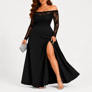 Plus Size Lace Off Shoulder Maxi Dress for Women, Long Sheer Sleeve High Slit Formal Evening Wedding Guest Cocktail Party Dress