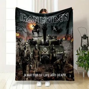Iron Maiden A Matter of Life and Death Blanket, Flannel Throw Blankets, featuring the iconic album art with zombie soldiers, a battle tank, and the band's signature skull motifs set against a war-torn backdrop. Perfec