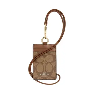 COACH Lanyard 7 Monogram Coated Canvas and Leather Necklace Pouch, Card Holder, Clutch for Women in Khaki Brown