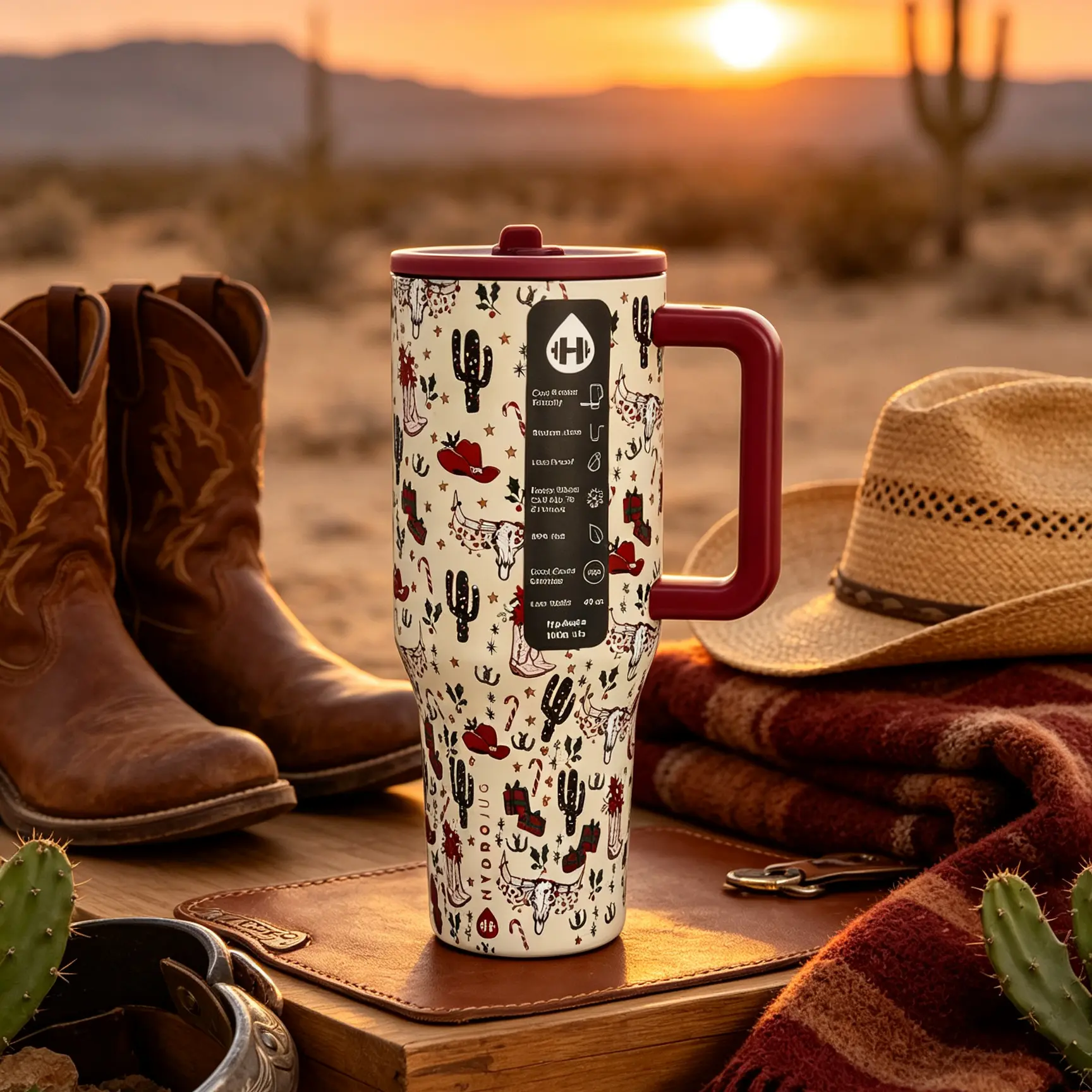 HydroJug Traveler 40oz Christmas Cowboy Limited Edition Insulated Tumbler, Red Handle Flip Straw Lid Stainless Steel Water Cup
