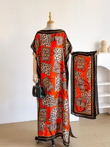 Women's Leopard Pattern Set, Sexy Long Dress Robe Shawl + Silk Scarf, Beach Sun Protection Cover-Up, All Seasons Fashion Accessory